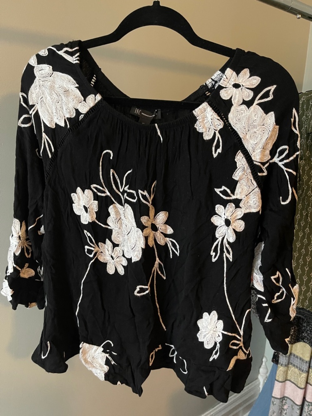 INC International Concepts Black Blouse with White Floral Embroidery